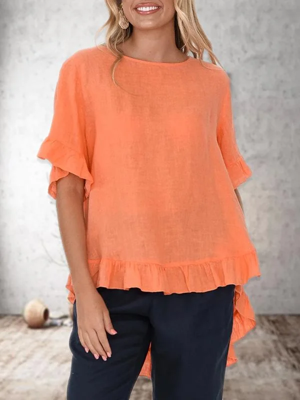Women's loose casual orange linen ruffle top