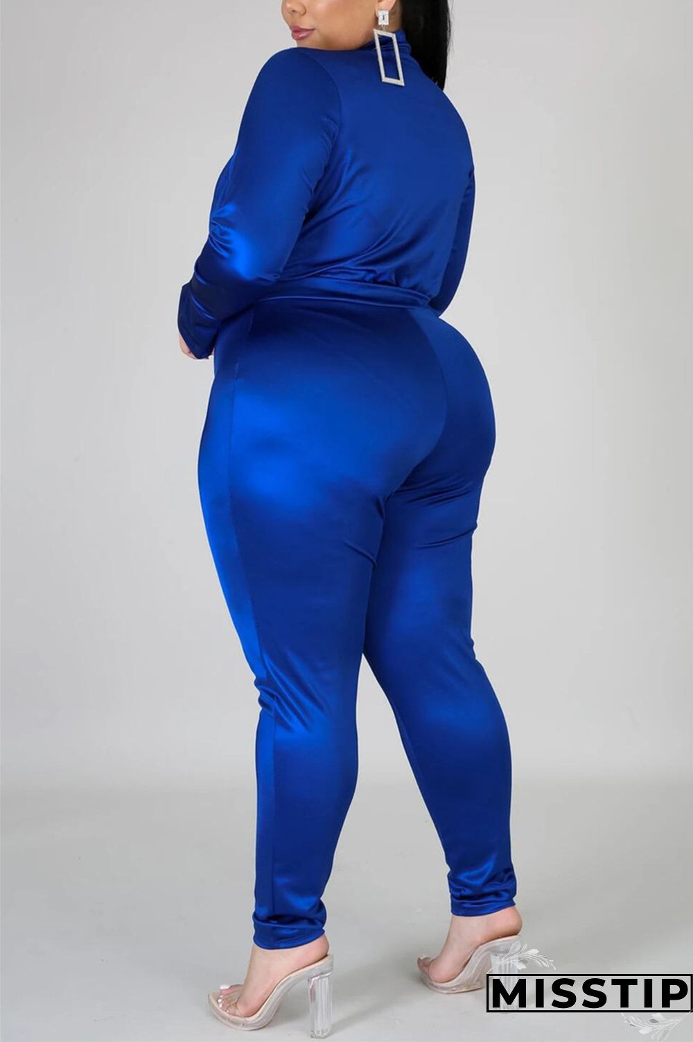 Blue Fashion Casual Solid Basic Turtleneck Plus Size Set