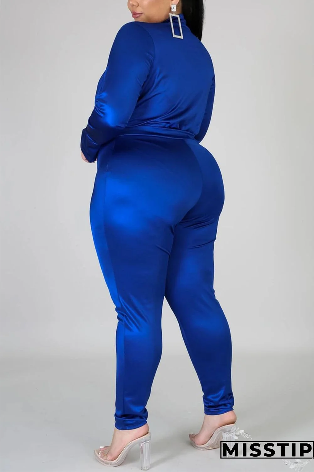 Blue Fashion Casual Solid Basic Turtleneck Plus Size Set