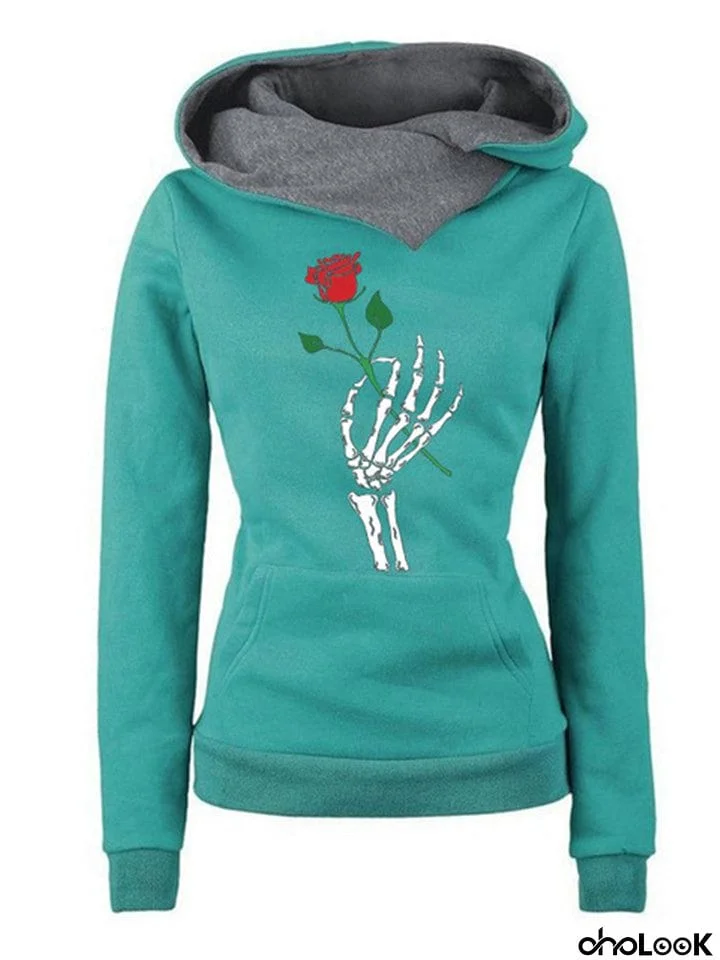 New Rose And Skeleton Hand Printed Long Sleeve Hoodies