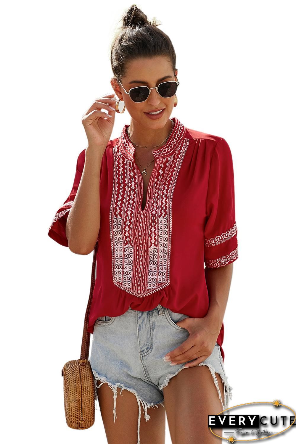 Red Elbow Length Sleeves Front Embroidery Blouse