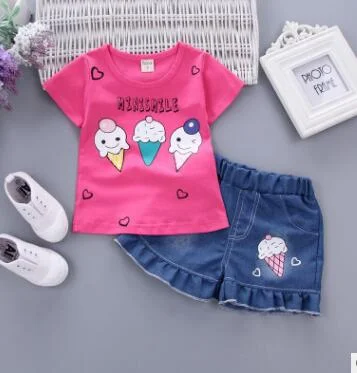 Summer Baby Girls Minismile Short Sleeve T Shirt Denim Short Clothes