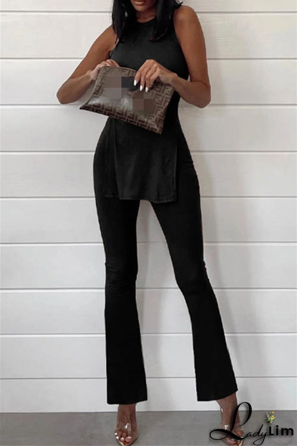 Black Fashion Casual Solid Slit O Neck Sleeveless Two Pieces