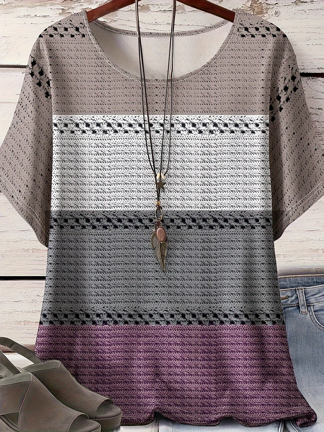 Women's Plus Size Casual Short Sleeve T-Shirt - Color Block Stripes & Texture Print, Stretchy Polyester/Elastane Blend, Round Neck, Machine Washable, All-Season Comfort, H-Line Silhouette, Elegant Collection, Versatile Top, Geometric Pattern | IFYHOME