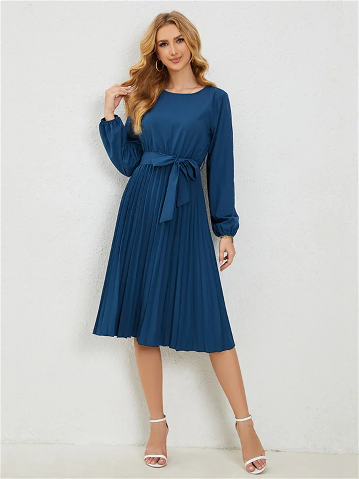 Women's Temperament Commuter Solid Color Pullover Round Neck Long-sleeved Midi Dress Fashion Casual Mid-waist Tie Dresses
