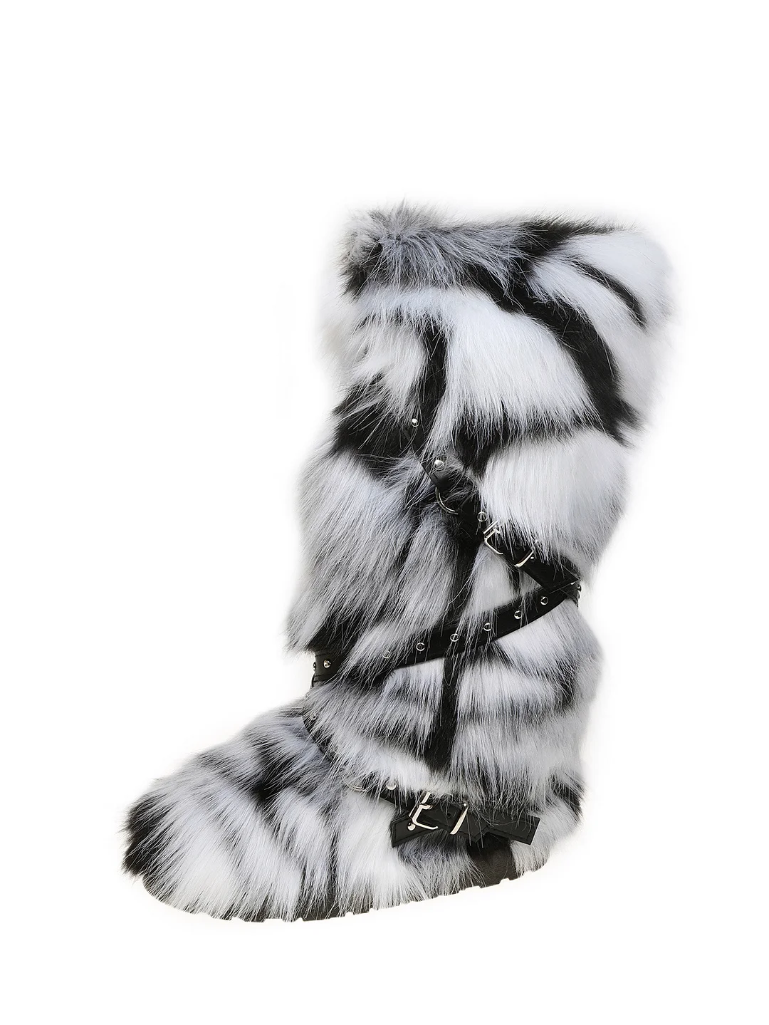 European and American Cross-border Y2K Spice Girls Sexy High Barrel Snow Boots 2024 New Cross Belt Buckle Fur Hair Boots-MERUMOTE