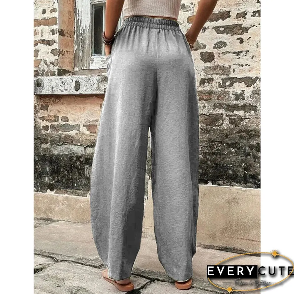 Gray Solid Elastic Waist Pocket Casual Pants