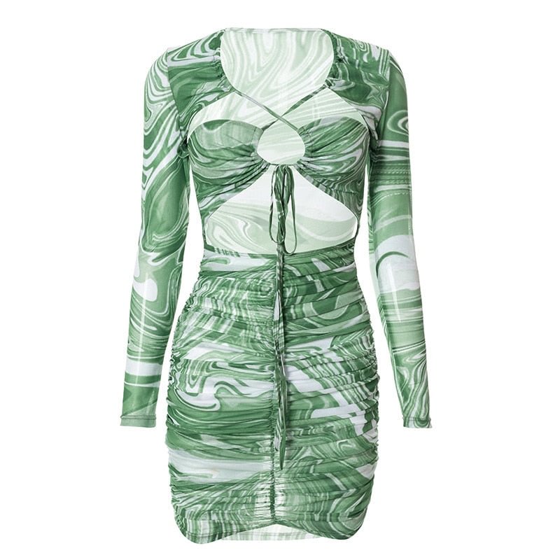 Hawthaw Women Sexy Autumn Long Sleeve Printed Mesh See Through Bodycon Party Green Mini Dress 2021 Fall Clothes Wholesale Items