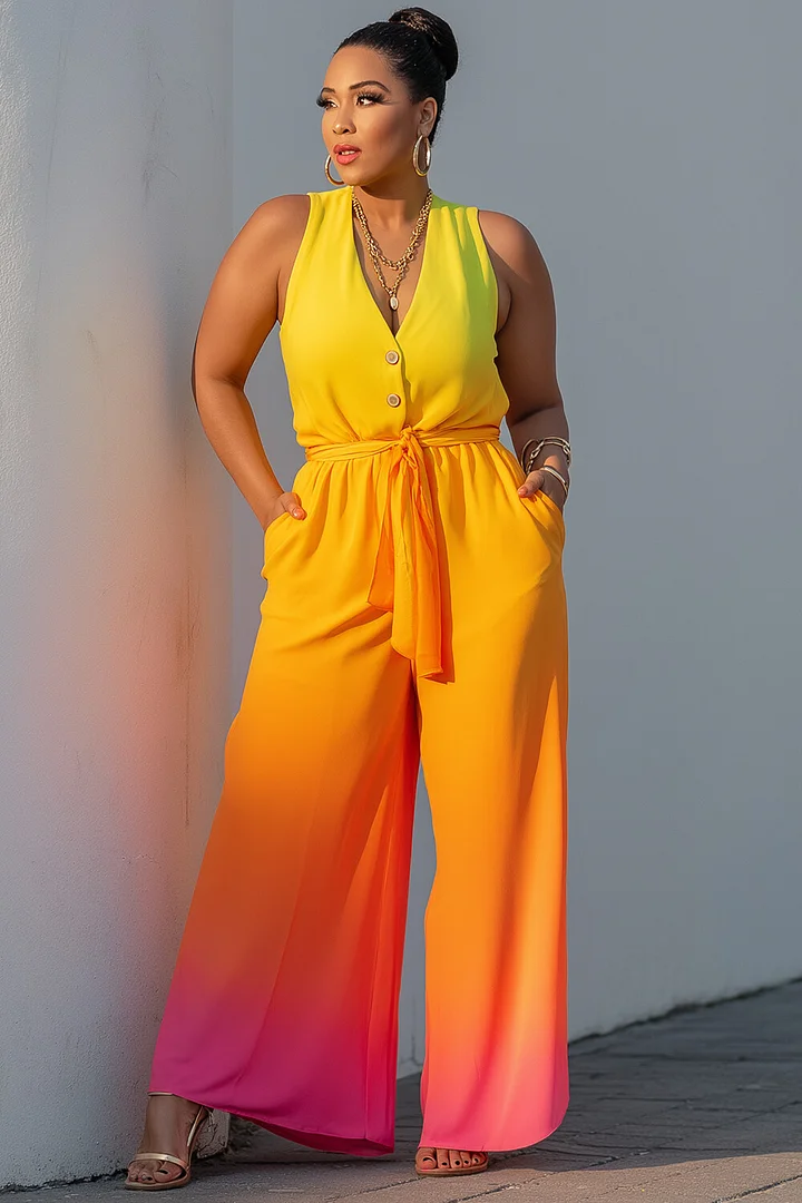 Xpluswear Design Plus Size Daily Rainbow Gradient V Neck Pocket Wrap Jumpsuits 2024 - Xpluswear