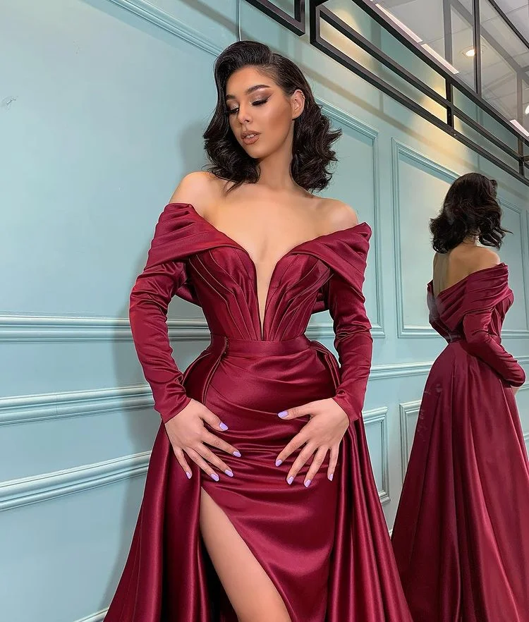 Burgundy Long Sleeves Evening Dress Mermaid Pd0129 8200