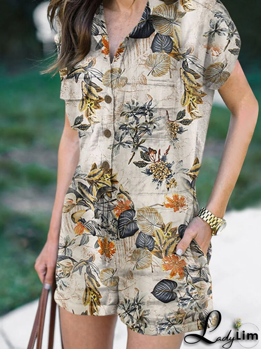 Flower Leaves Print Pocket Lapel Short Sleeve Romper