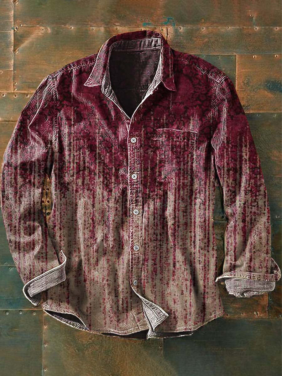 Men's Western Style Gradient Print Casual Lapel Long Sleeve Shirt