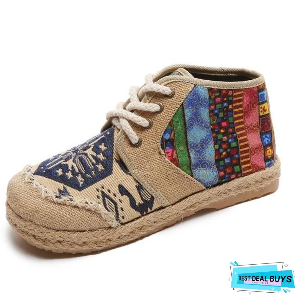 Embroider Shoes Women Ankle Boots Flat Autumn Shoes Comfortable Lace-Up Shoes Flats