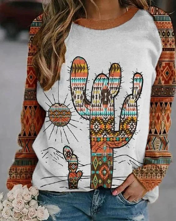 Women's Western Cactus Print Sweatshirt