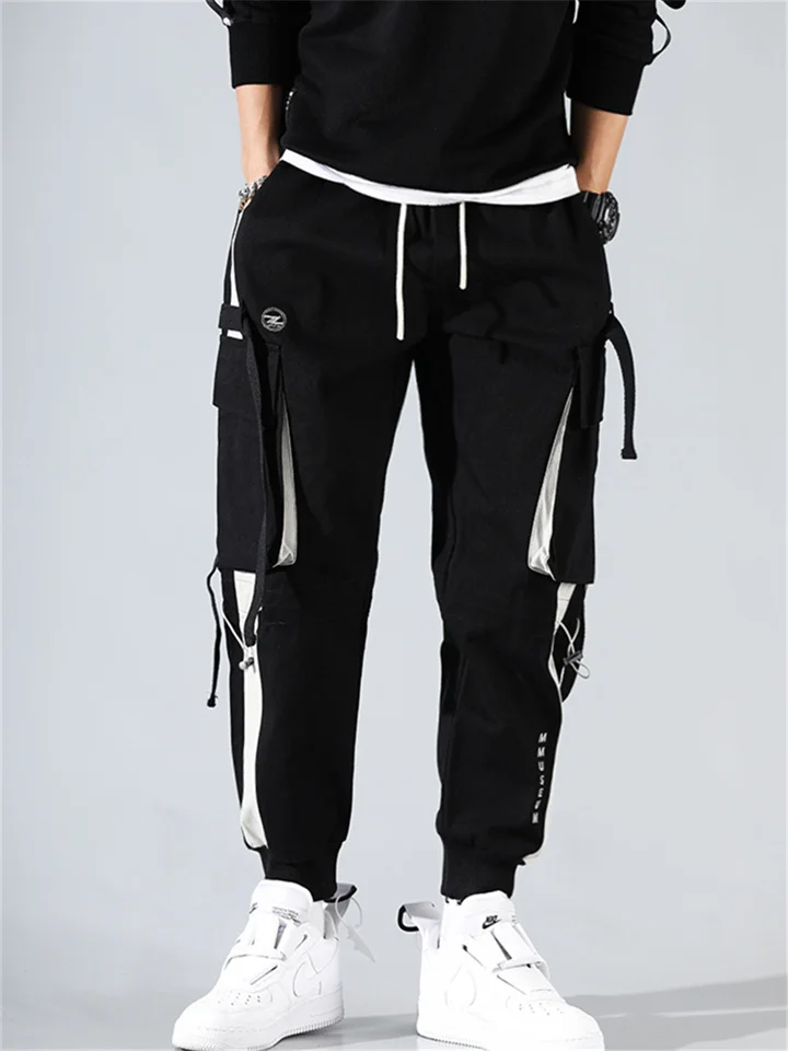 men's cargo pants joggers sweatpants Streetwear Embroidery Trousers Color Block Cotton jogging pants With Multi-pockets ribbon hiphop punk sport harem pants spring Fall