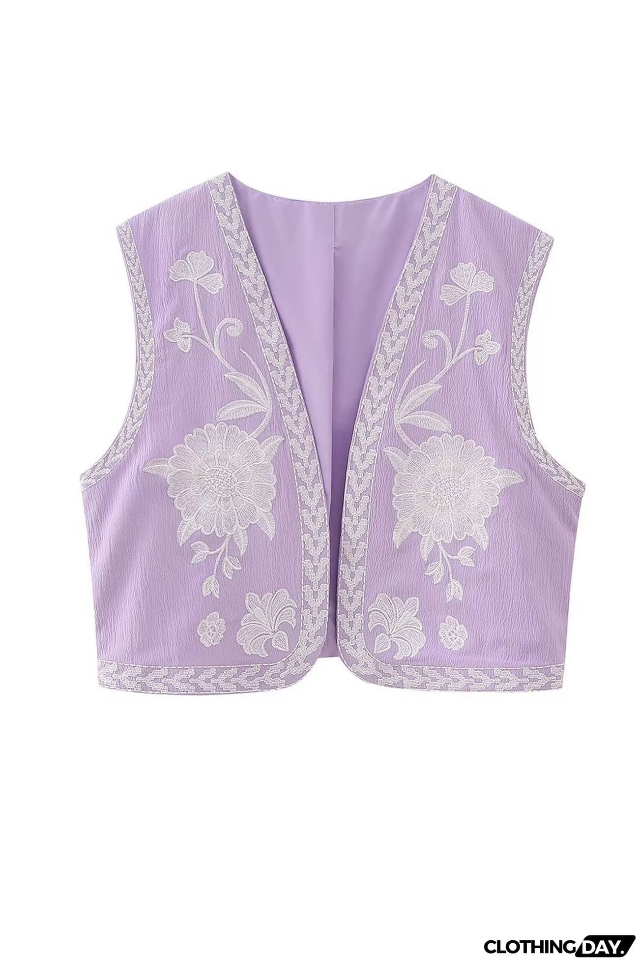 Vintage Floral Embroidery Open Front Vest