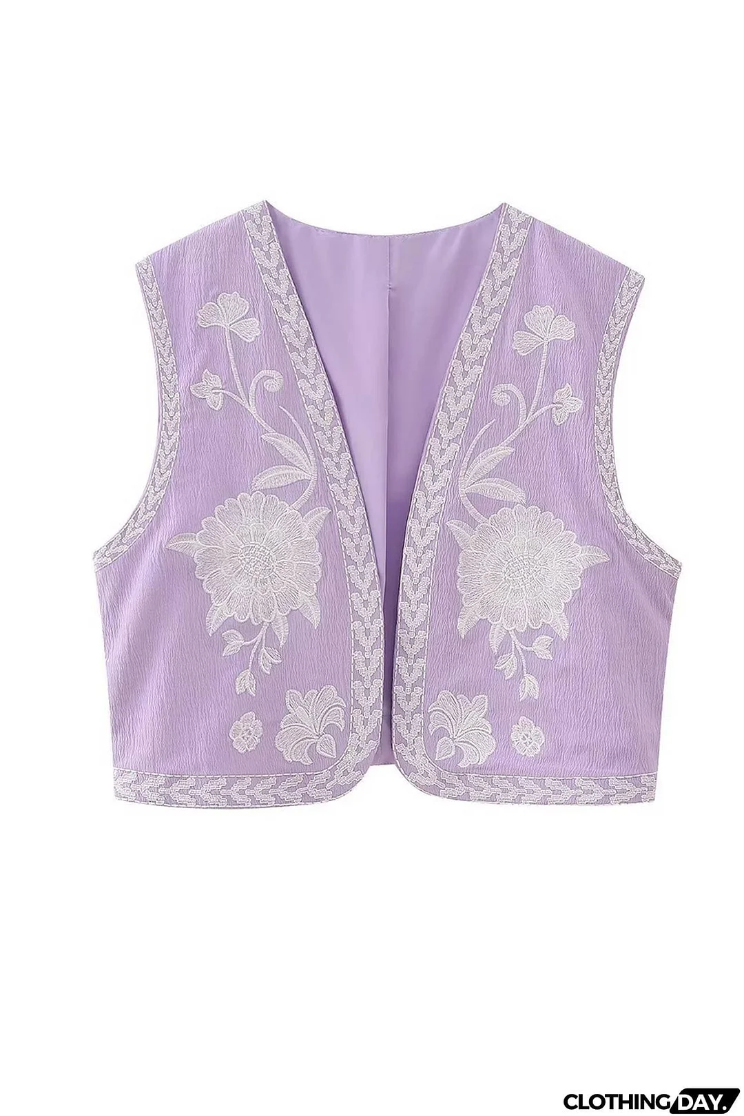 Vintage Floral Embroidery Open Front Vest
