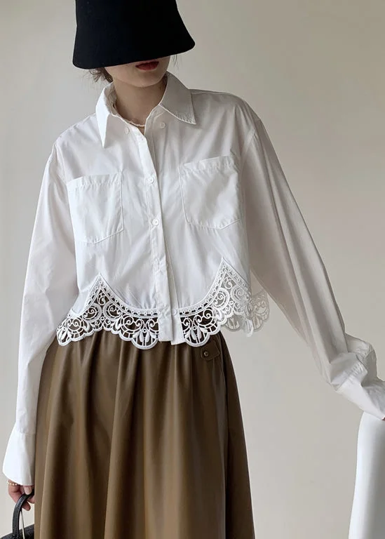French White Hollow Out Embroideried Patchwork Cotton Shirt Top Fall