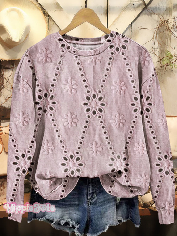 Women’s Floral Texture Art Print Casual Crew Neck Sweatshirt Pink / S