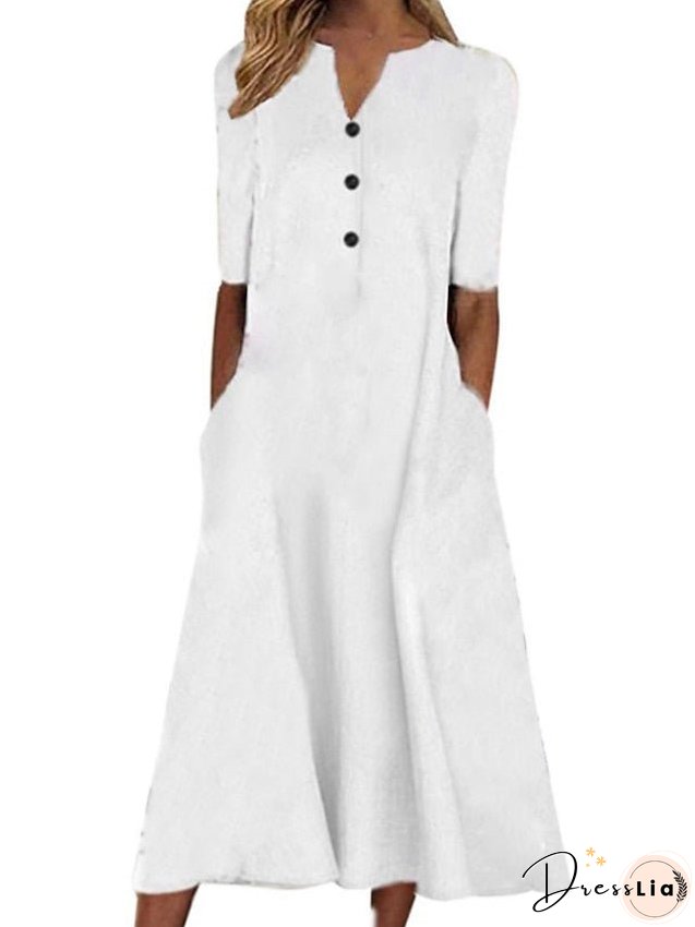 Cotton Linen Dress Casual Dress Midi Dress Cotton Blend Casual Outdoor Daily Vacation V Neck Button Pocket Short Sleeve Summer Spring Loose Fit Black White Navy Blue Pure Color S M L XL for Women