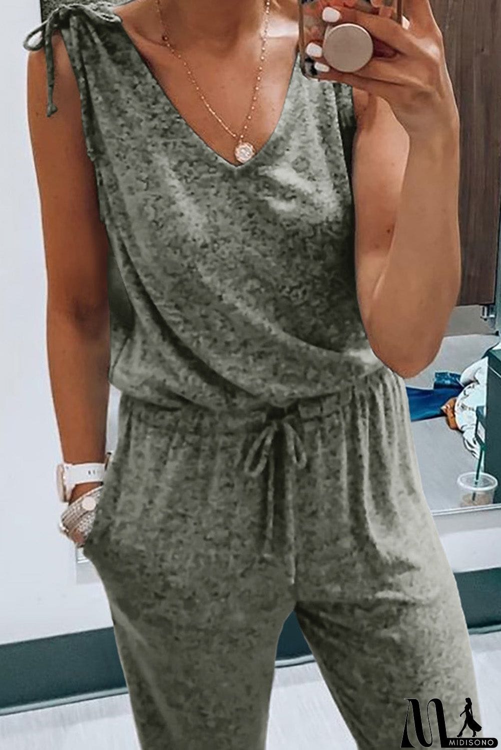 MidiSono - V Neck Tied Drawstring Sleeveless Jumpsuit