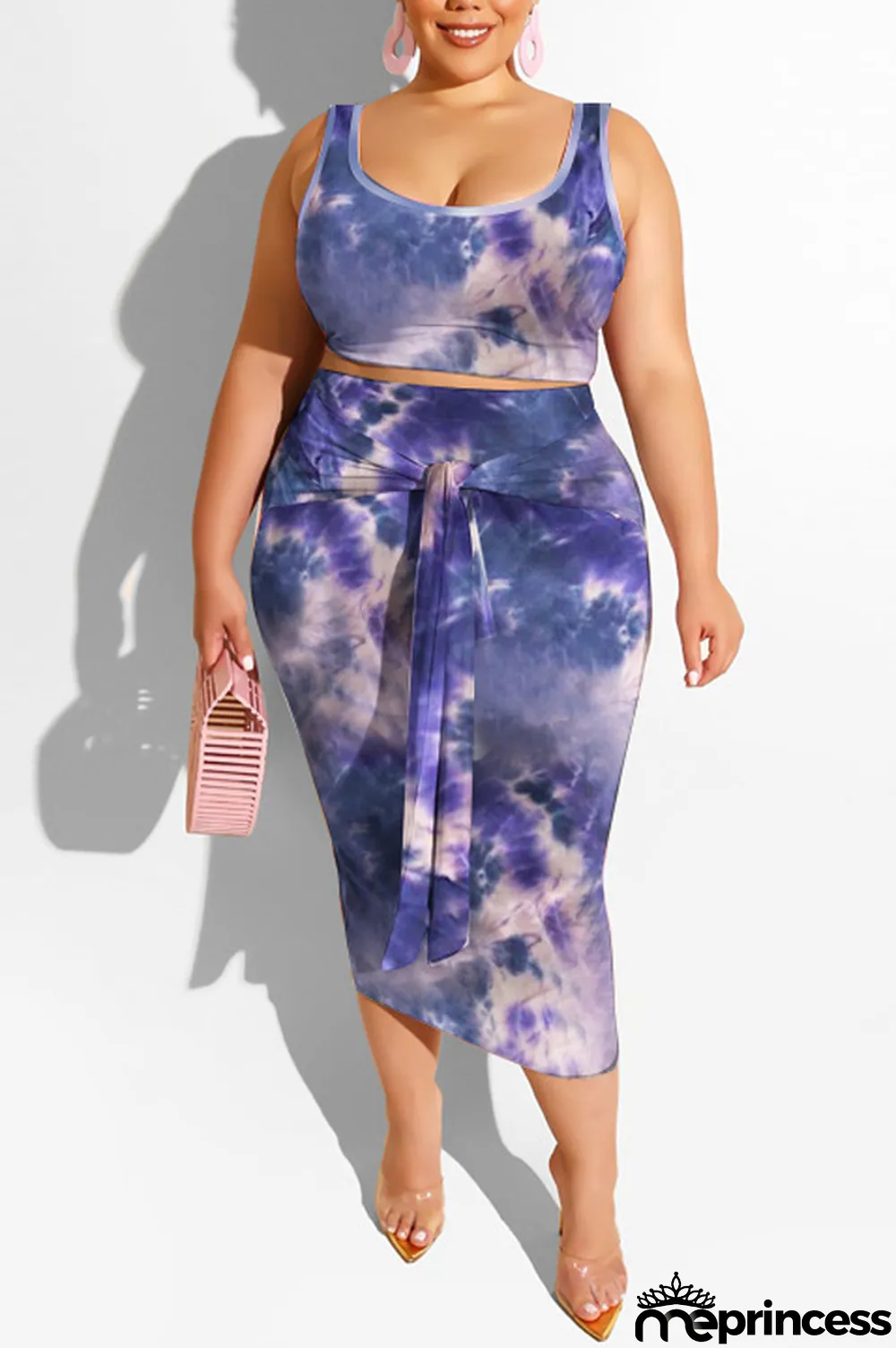 purple Polyester Sexy Slip Print Belt Tie Dye Plus Size