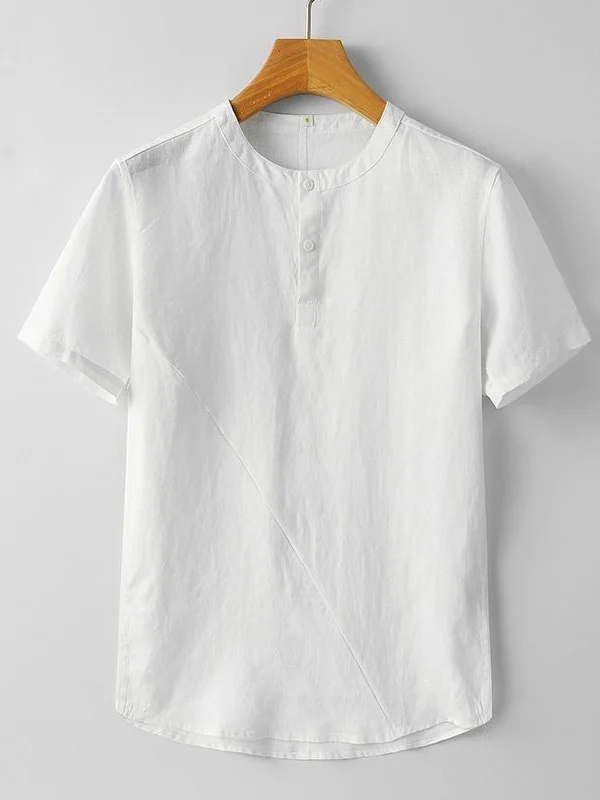 Men's Casual Plain Button Round Neck Short Sleeve Linen T-Shirt