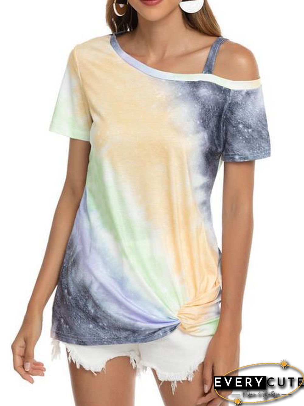 Gradient Color Cold Shoulder Twisted T-Shirt