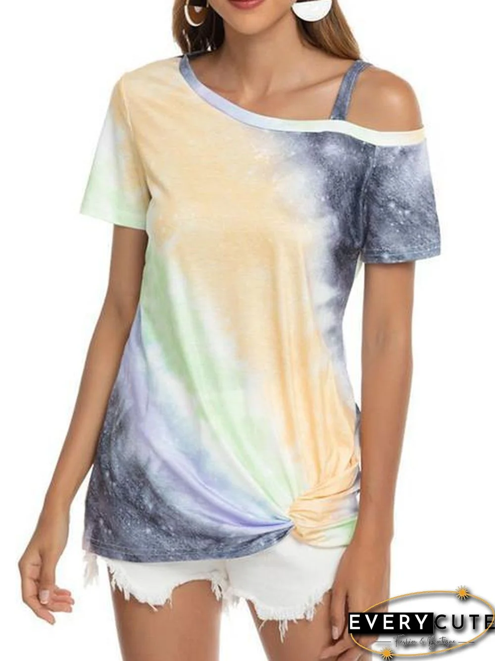 Gradient Color Cold Shoulder Twisted T-Shirt