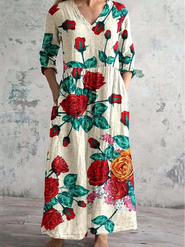 Women's V Neck Art Rose Floral Pattern Dress With Pockets