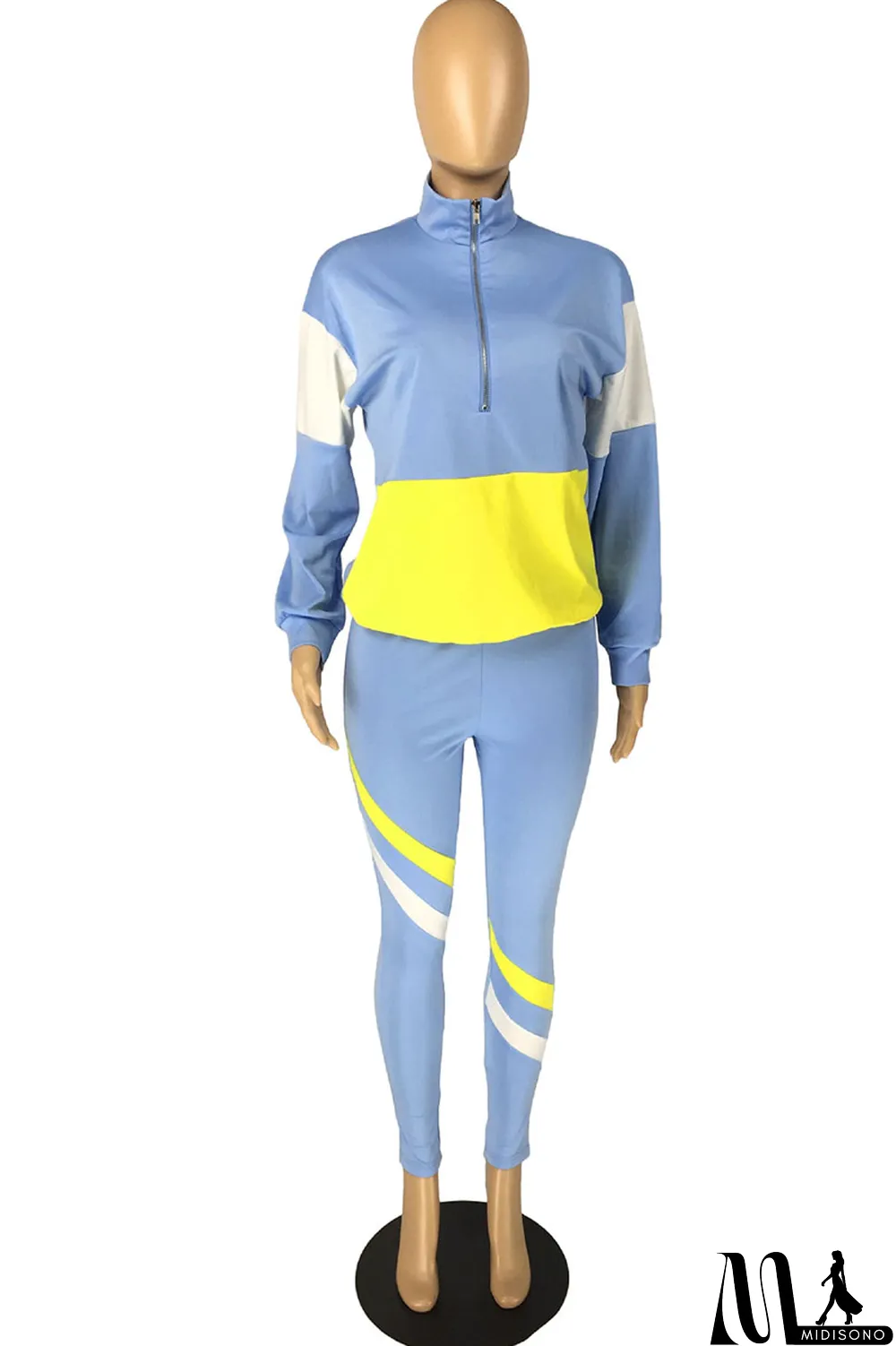 MidiSono - Fluorescent green Casual Striped Print Zippered Split Joint Mandarin Collar Long Sleeve Two Pieces