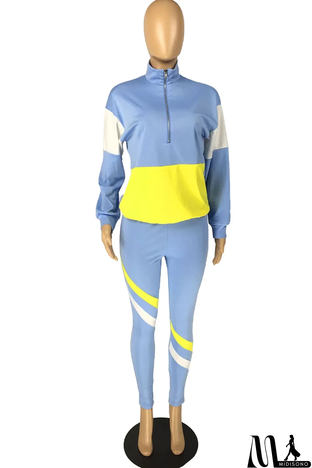 MidiSono - Fluorescent green Casual Striped Print Zippered Split Joint Mandarin Collar Long Sleeve Two Pieces