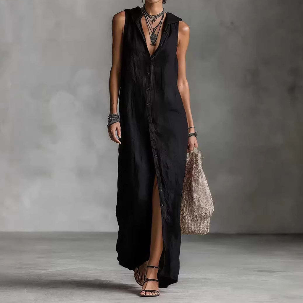 Women's Solid Color Button  Linen Blend Comfy Maxi Dress elevenforest