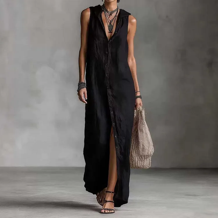 Women's Solid Color Button  Linen Blend Comfy Maxi Dress