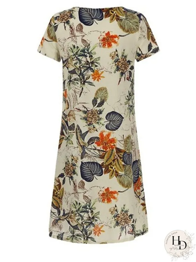 Cotton Linen Dress Casual Dress Midi Dress Cotton Blend Basic Classic Outdoor Daily Vacation V Neck Print Short Sleeve Summer Spring Loose Fit Apricot Leaf Floral M L XL 2XL for Women