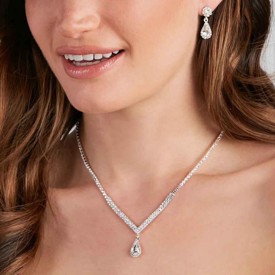 Elegant Style Rhinestone Evening Prom Necklace Earrings Set-VESSFUL