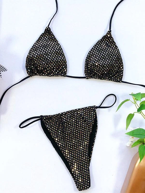 Sequined Embellished Triangles Bandage Split Bikini Swimsuit