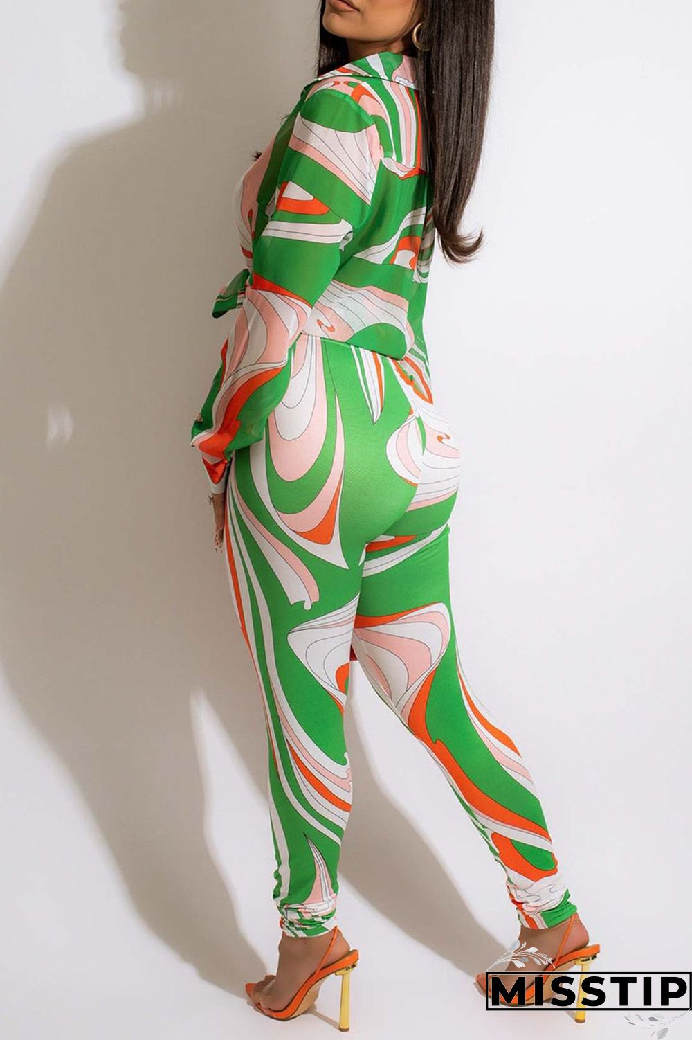 Green Casual Print Bandage Patchwork Turndown Collar Long Sleeve Two Pieces