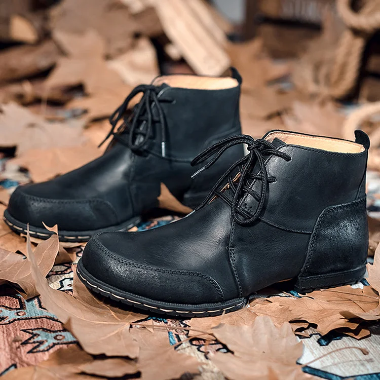 Patchwork Mid Top Retro Lace Up Round Toe Flat Boots