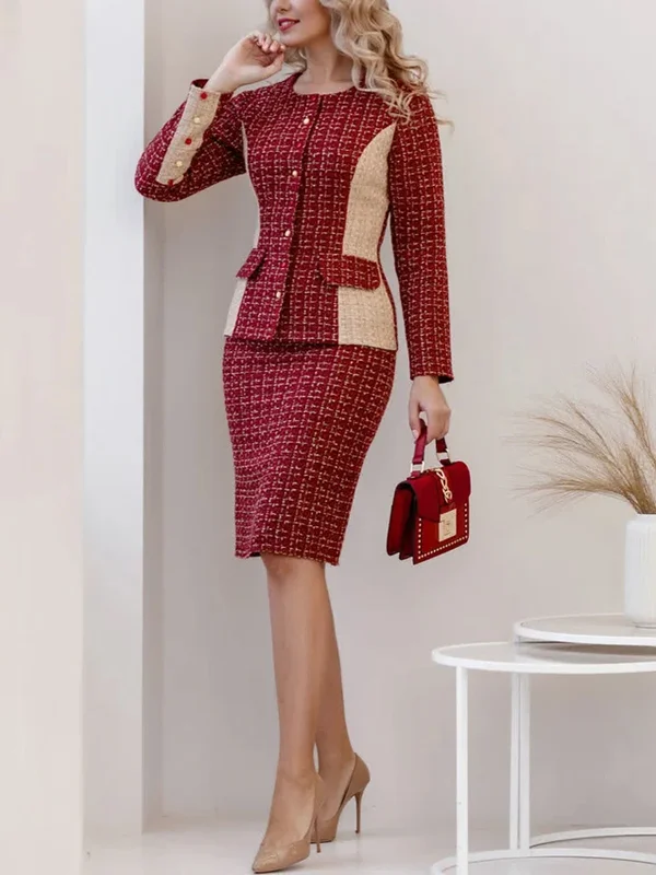 Red color block coat and skirt suit