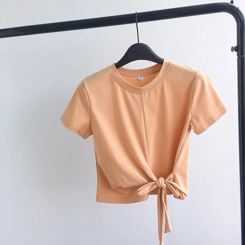 Uveng Uveng Solid Color T-Shirt Female 2024 Summer Wear Korean Version Of The Strap Careful Machine Exposed Umbilical Students Short Sleeve Shirt Repair Body