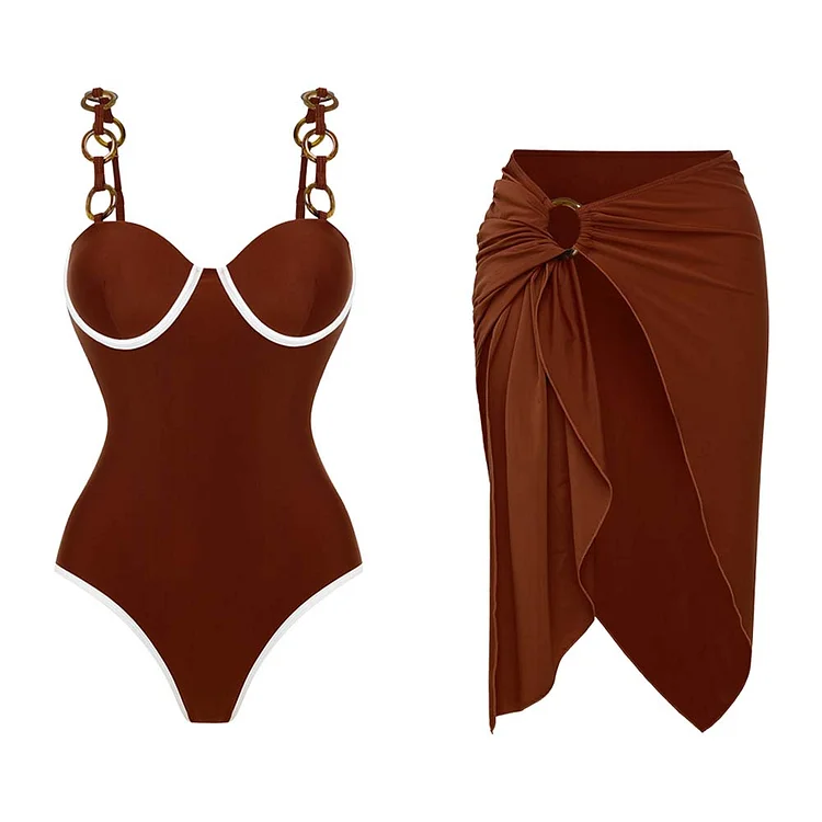 Ring Strap Push Up Brown One Piece Swimsuit and Short Sarong Flaxmaker