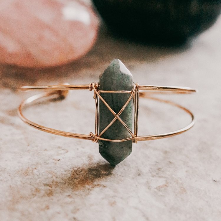 Natural Crystal Hexagon Post Wire Bracelet-Labradorite