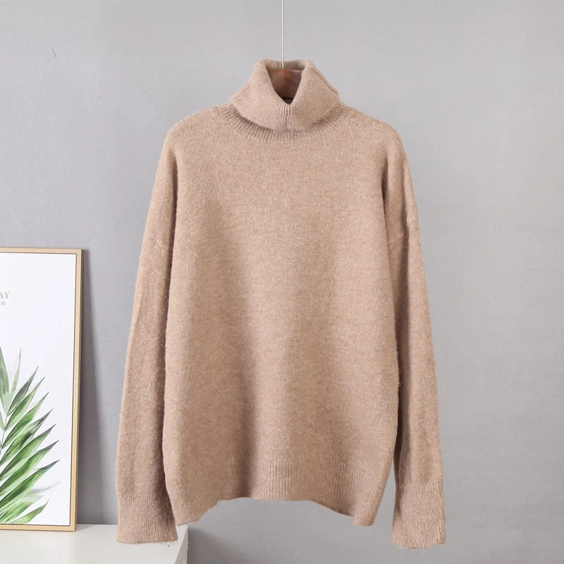 Hirsionsan turtle Neck Solid Cashmere Sweater Women Elegant Soft Warm Female Knitted Pullovers Basic Loose female Jumper
