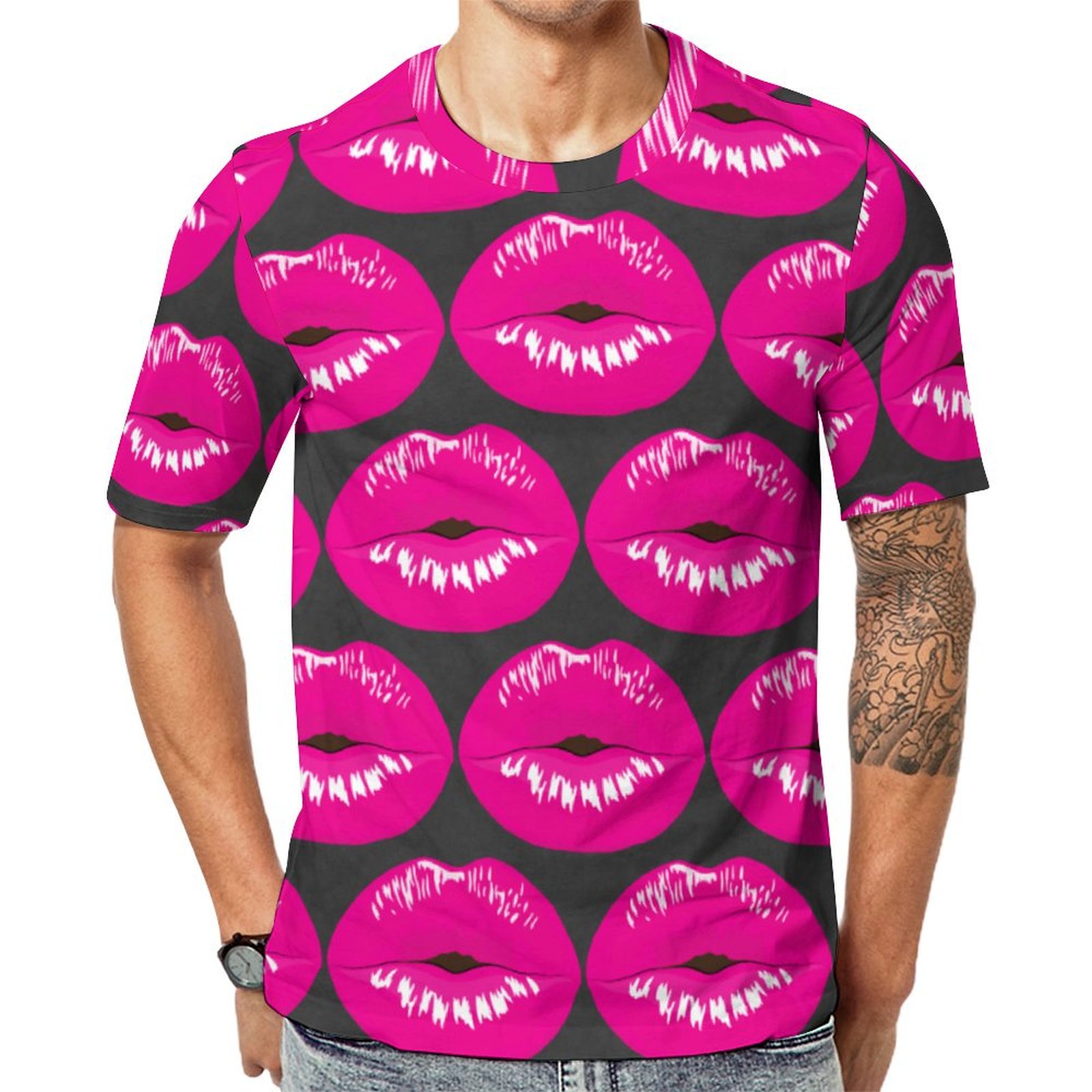Hot Pink Lips Glamorous Girl Short Sleeve Print Unisex Tshirt Summer Casual Tees for Men and Women Coolcoshirts
