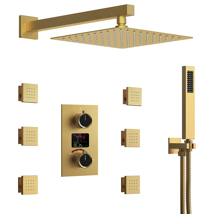 EVERSTEIN 12" Temperature Rain Shower System with LCD Display Brushed Gold