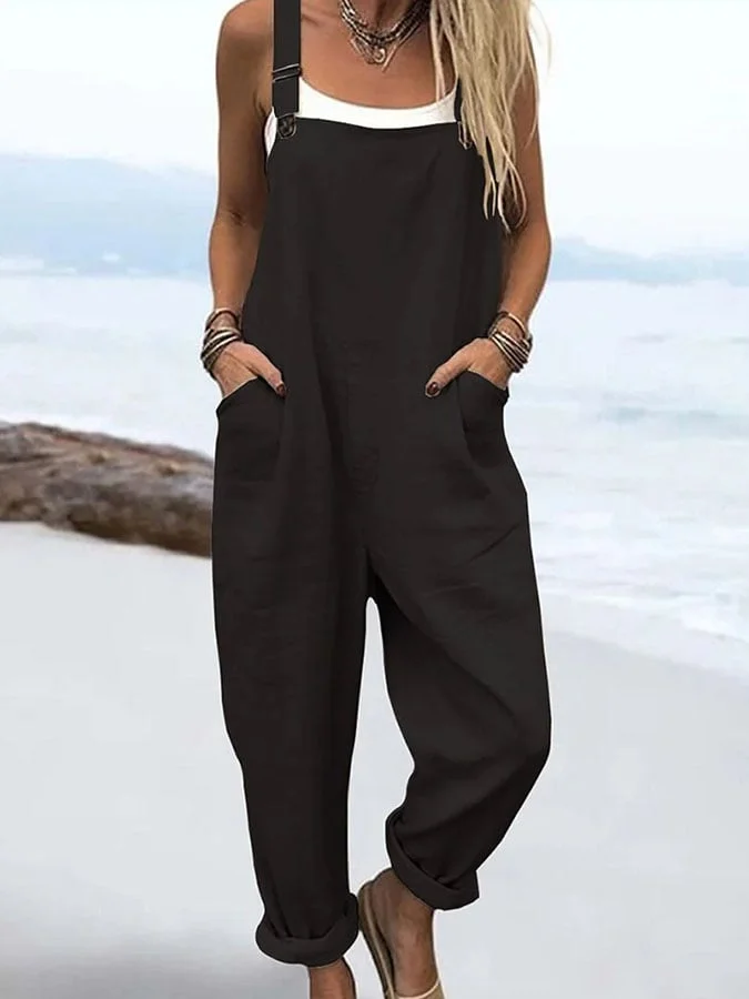 Women'S Casual Solid Color Cotton And Linen Overalls 