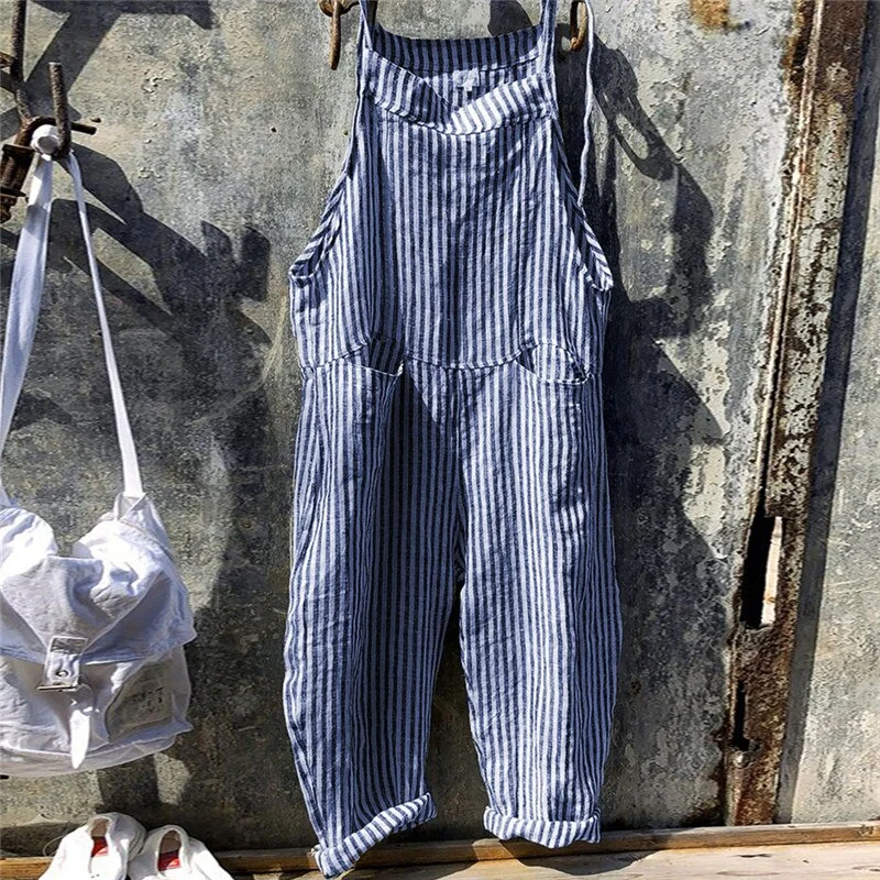 Women Casual Stripes Pocket Jumpsuit Summer Sleeveless Loose Bib Overalls Dungarees Wide Leg Jumpsuit Long Rompers Plus Size 5XL