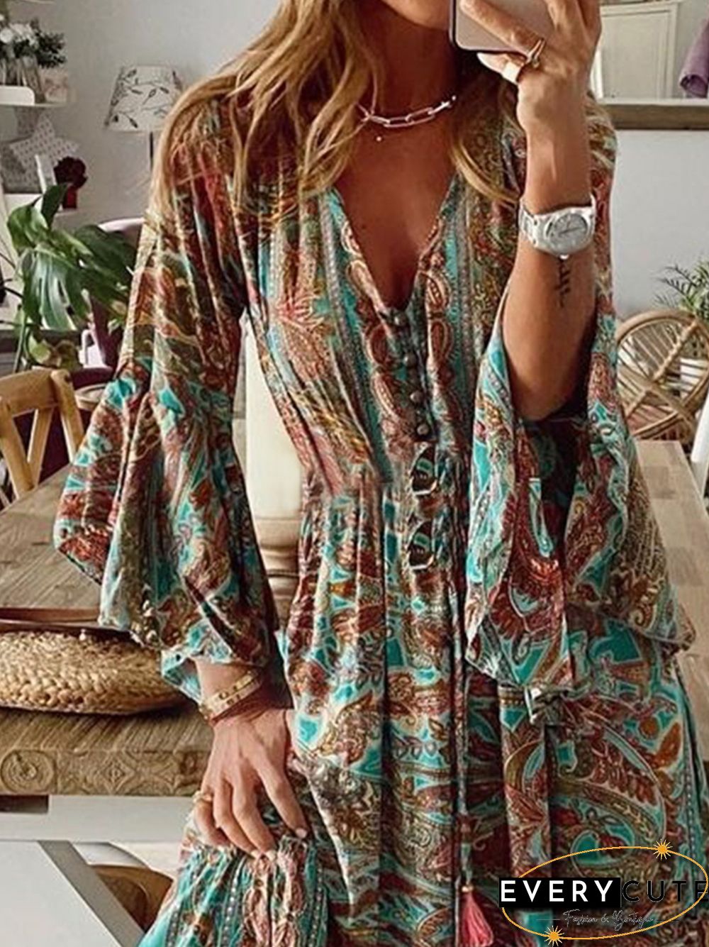 New Women Chic Plus Size Vintage Boho Hippie Shift Holiday Floral 3/4 Sleeve Weaving Dress