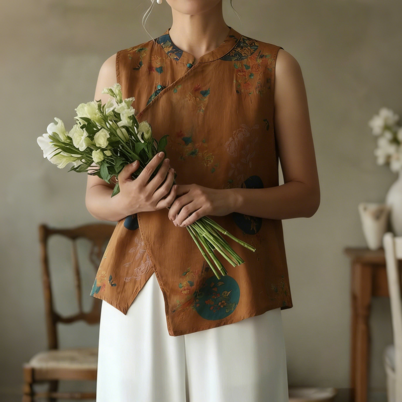 Women's Sweet Floral Asymmetrical Sleeveless Linen Blend Tops elevenforest